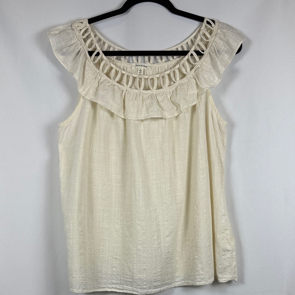 Max Studio Cream Sleeveless Ruffle Trim Boat Neck Cottagecore Blouse Size L